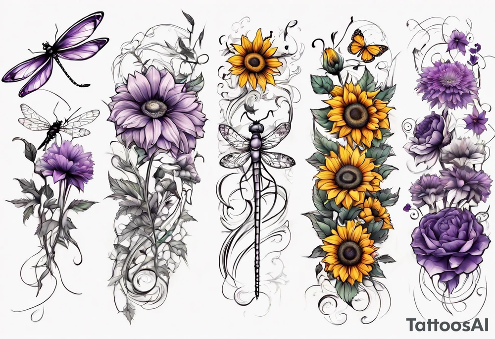 Arm sleeve, sunflowers, dragonflies, three cosmos flower, one violet, one carnation, vines , leaves and butterflies tattoo idea