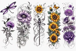 Arm sleeve, sunflowers, dragonflies, three cosmos flower, one violet, one carnation, vines , leaves and butterflies tattoo idea