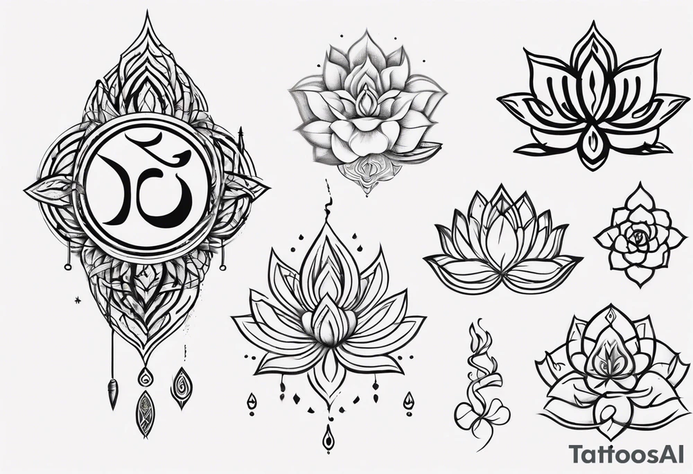 Unalome symbol incorporating sanskrit breathe symbol and a lotus flower and the word LOVE tattoo idea