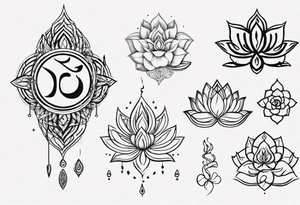 Unalome symbol incorporating sanskrit breathe symbol and a lotus flower and the word LOVE tattoo idea
