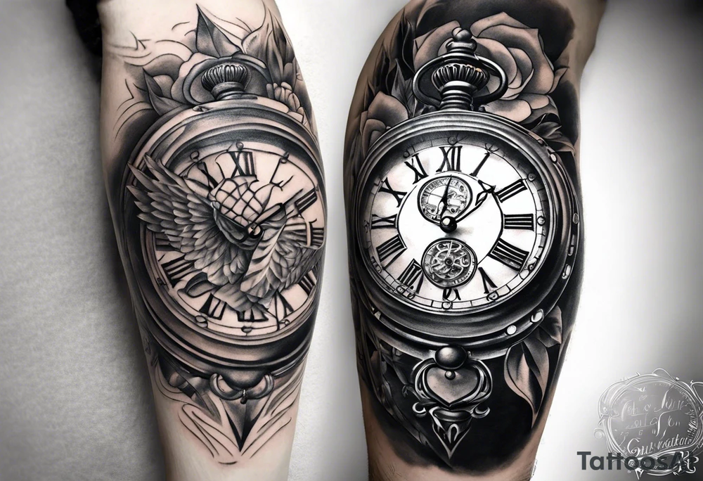 Dessine-moi un tattoo représentant une horloge dans un sabier  . En second plan on retrouve des chiffres romains. Le tatouage est noir et blanc et se porte sur l'épaule gauche tattoo idea