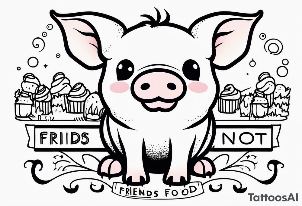 cute pig or piglet.
with text: "friends not food"
very thin lines
cartoonish style tattoo idea
