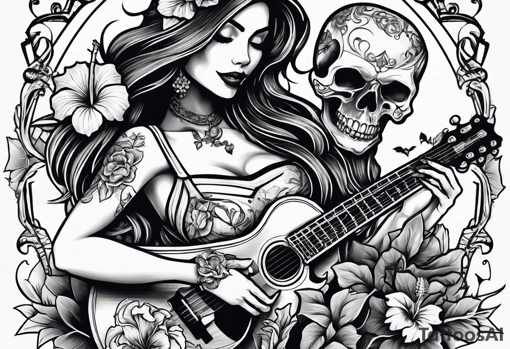 a female skeleton holding a hibiscus flower and a male skeleton playing a guitar. tattoo idea