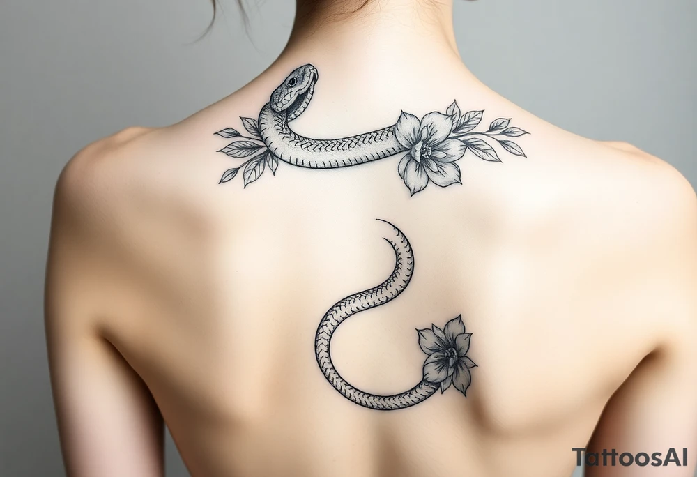 Snake wrapping around the spine with florals tattoo idea