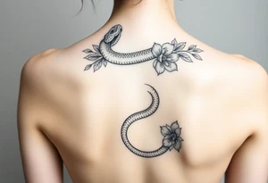 Snake wrapping around the spine with florals tattoo idea