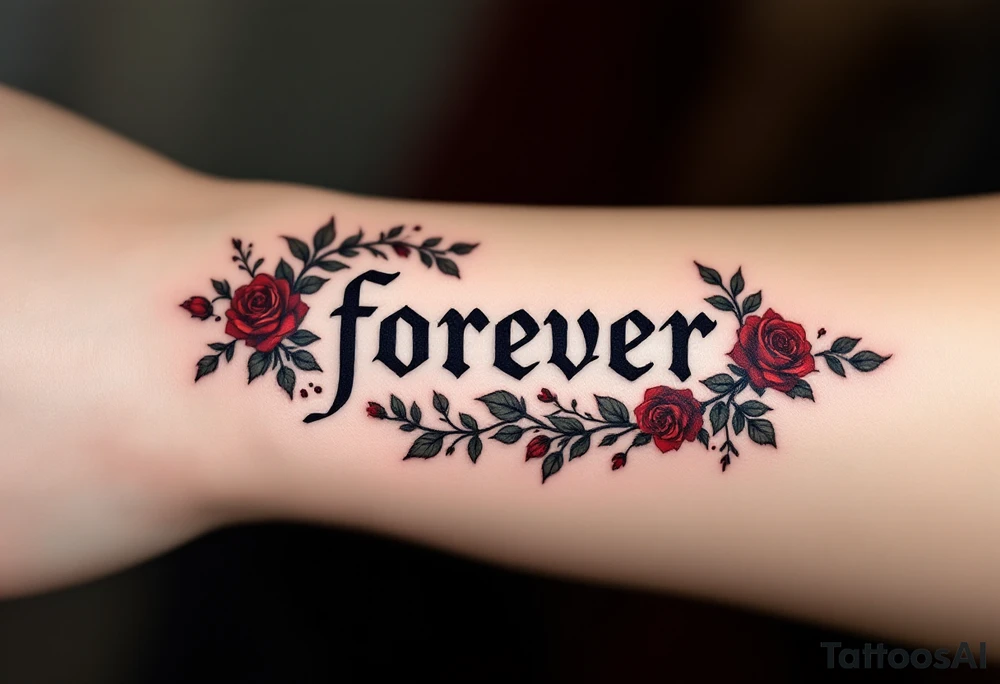 The word "forever" in black gothic font, bordered by dark crimson roses and ivy. tattoo idea