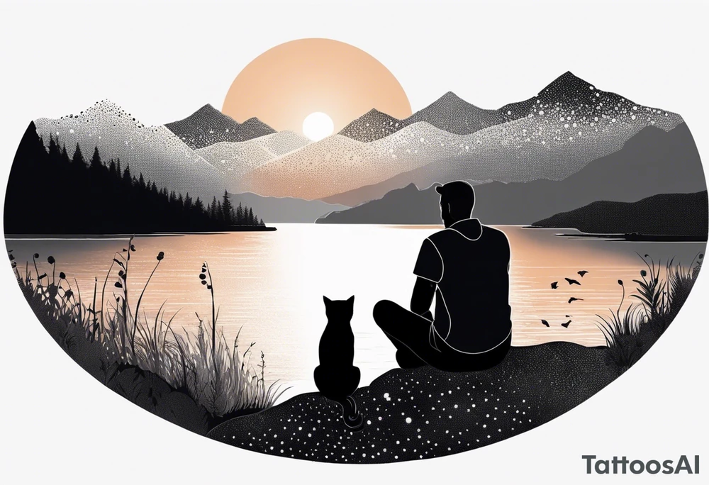 nature, sunset, mountains, a father and son sitting with their dog and cat 
by the water tattoo idea