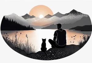 nature, sunset, mountains, a father and son sitting with their dog and cat 
by the water tattoo idea