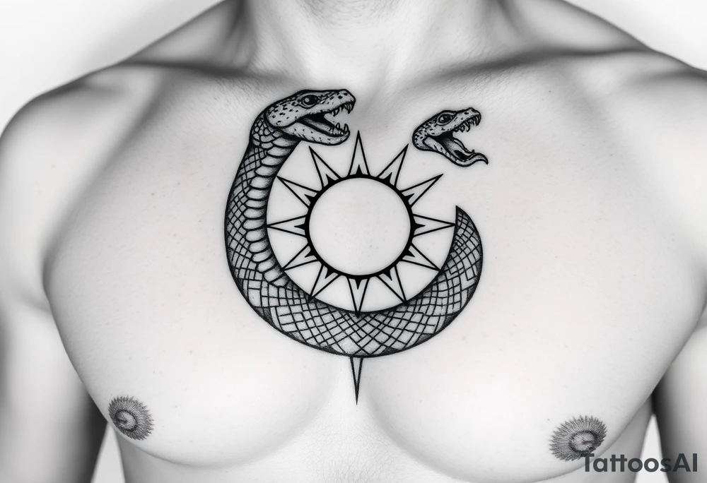 4. Apofis devorando la luz
Serpiente gigante (Apofis) enrollada en espiral, mordiendo un sol fracturado.

Podrías ubicar la espiral alrededor del pezón o el corazón, y las grietas del sol cruzar el pecho. tattoo idea