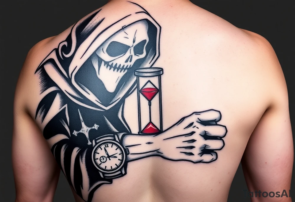 Simple grim reaper looking at a watch on his wrist with a hourglass with red sand and diamond geometric shapes tattoo idea