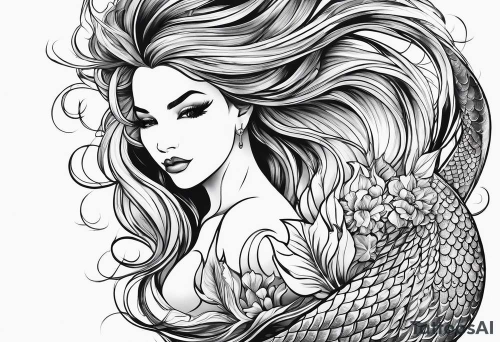 sexy full bodied mermaid with flowing tail and hair, tattoo sleeve tattoo idea