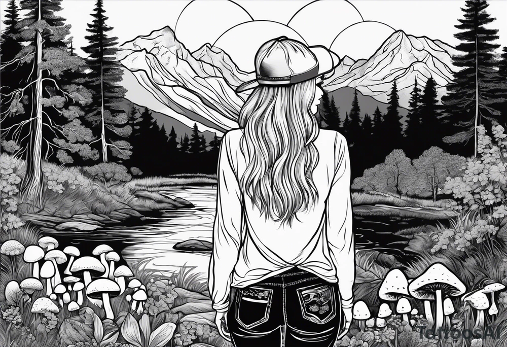 Whole picture encircled fully

Straight long blonde hair hippie girl in distance holding mushrooms in hand facing away toward mountains and creek surrounded by mushrooms long sleeve shirt and hiking pants; whole rendering within a full circle, no cut off circle tattoo idea