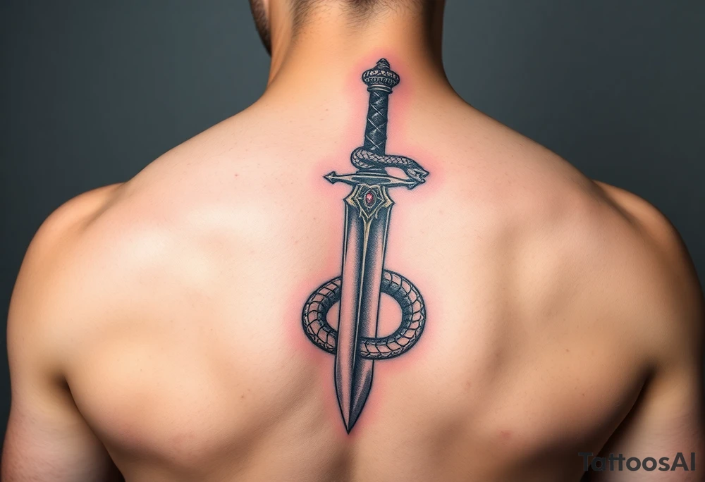 mystical snake coiled around an ancient dagger with jeweled hilt tattoo idea