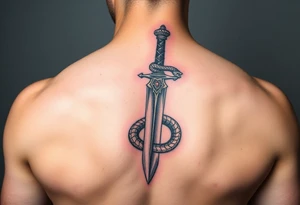 mystical snake coiled around an ancient dagger with jeweled hilt tattoo idea