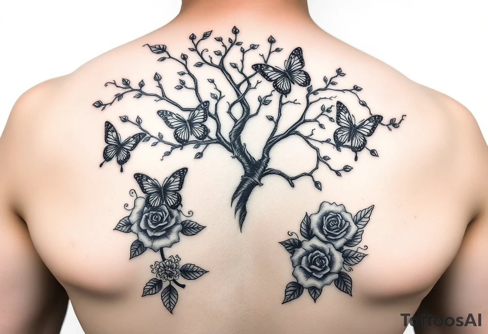 a poisoned tree with butterflies and roses around it and a semicolon somewhere in there make it a leg sleeve tattoo idea