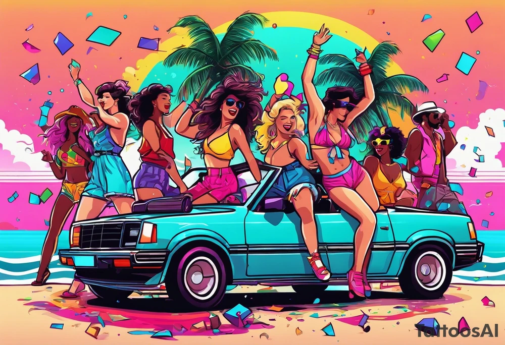 1980's style dance party with boom box and confetti in a beach theme. include people in 80's miami beach clothes, music note. Do not include cars tattoo idea