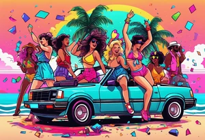 1980's style dance party with boom box and confetti in a beach theme. include people in 80's miami beach clothes, music note. Do not include cars tattoo idea