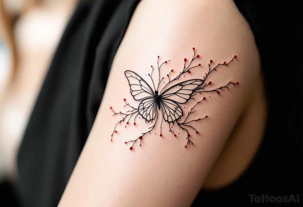 A minimalistic fine-line tattoo on light skin, depicting an abstract butterfly in motion. The butterfly’s wings are flowing and delicate, with organic, smoke-like extensions and botanical elements resembling twigs or coral subtly incorporated into the lines. The design uses thin black ink lines with occasional soft red accents. Ethereal, feminine, and airy composition with a dreamy, surreal aesthetic. tattoo idea