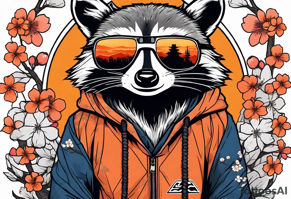 raccoon wearing a Superman hoodie with orange Japanese cherry blossoms tattoo idea