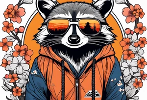 raccoon wearing a Superman hoodie with orange Japanese cherry blossoms tattoo idea