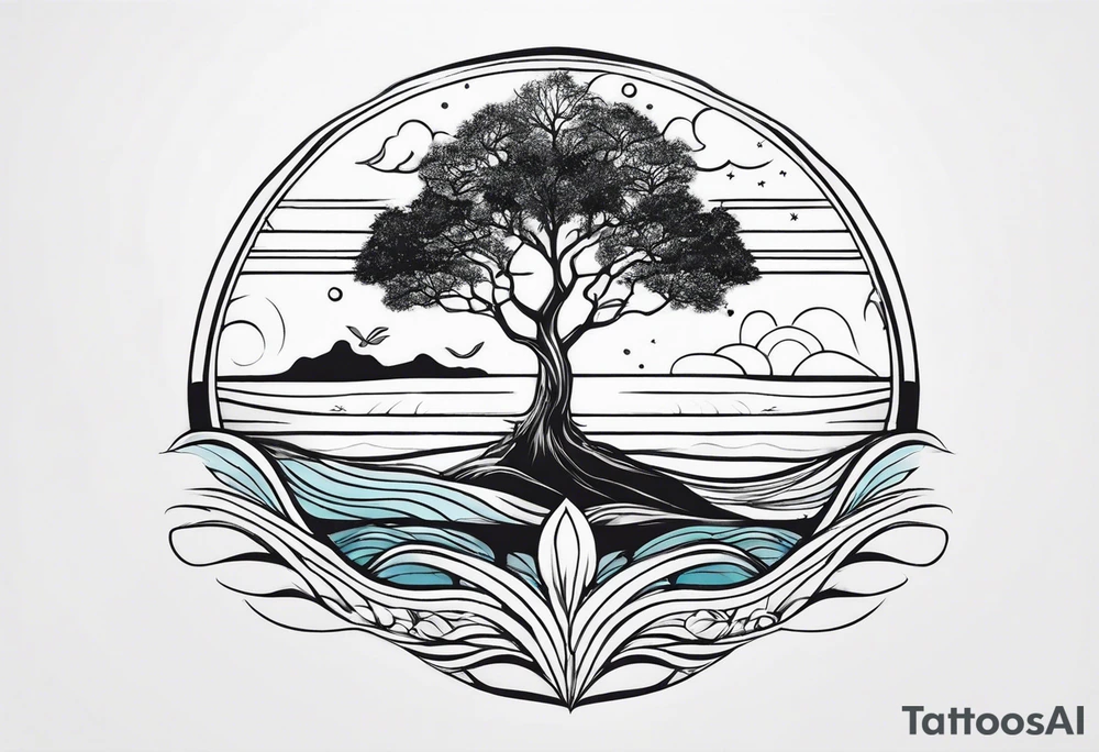 calm sea and tree of life without frame tattoo idea