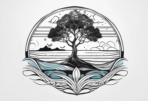calm sea and tree of life without frame tattoo idea