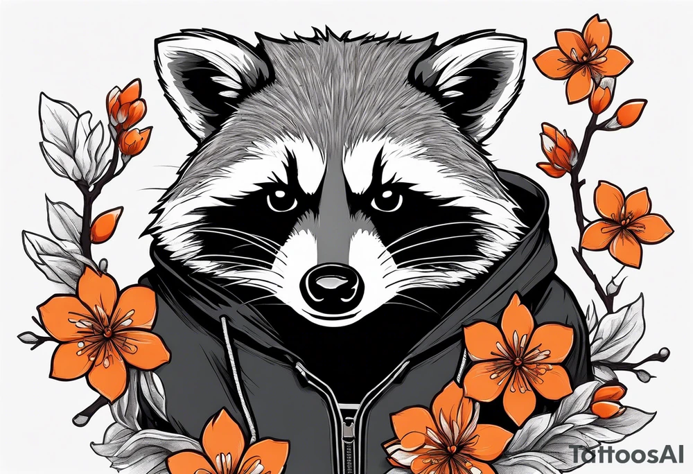 Raccoon wearing a white Superman logo on a black hoodie and orange Japanese cherry blossoms tattoo idea