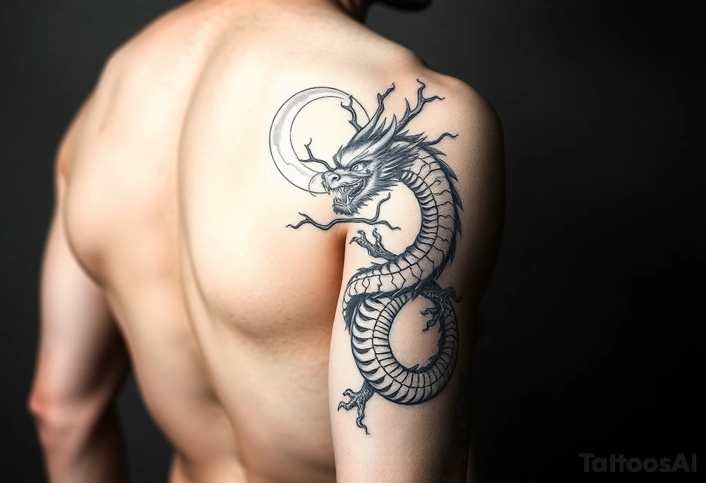 forearm sleeve tattoo, a dragon with a sakura tree and moon tattoo idea