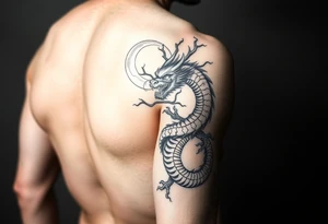 forearm sleeve tattoo, a dragon with a sakura tree and moon tattoo idea