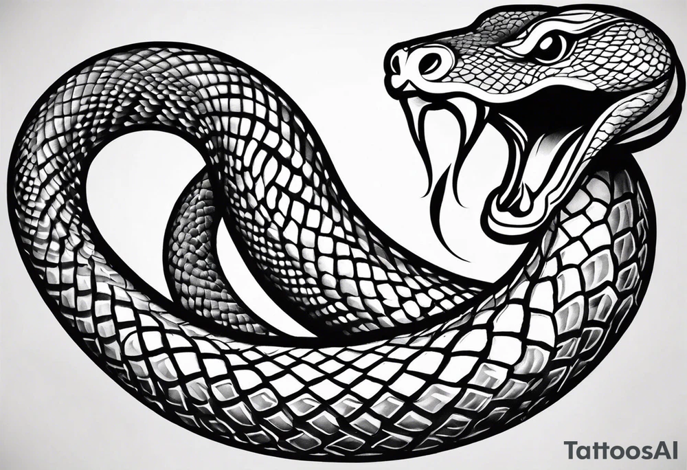 Create a detailed sketch of a snake tattoo. The design should feature a coiled snake with intricate scales and a dynamic, flowing pose. Emphasize the snake's head with a slightly menacing expression, its forked tongue flicking out. Include subtle shading to highlight the texture of the scales and give the design a sense of depth. The overall style should be clean and bold, suitable for a tattoo, with a focus on both artistic and anatomical accuracy. Consider incorporating elements like floral or geometric patterns in the background to complement the snake tattoo idea