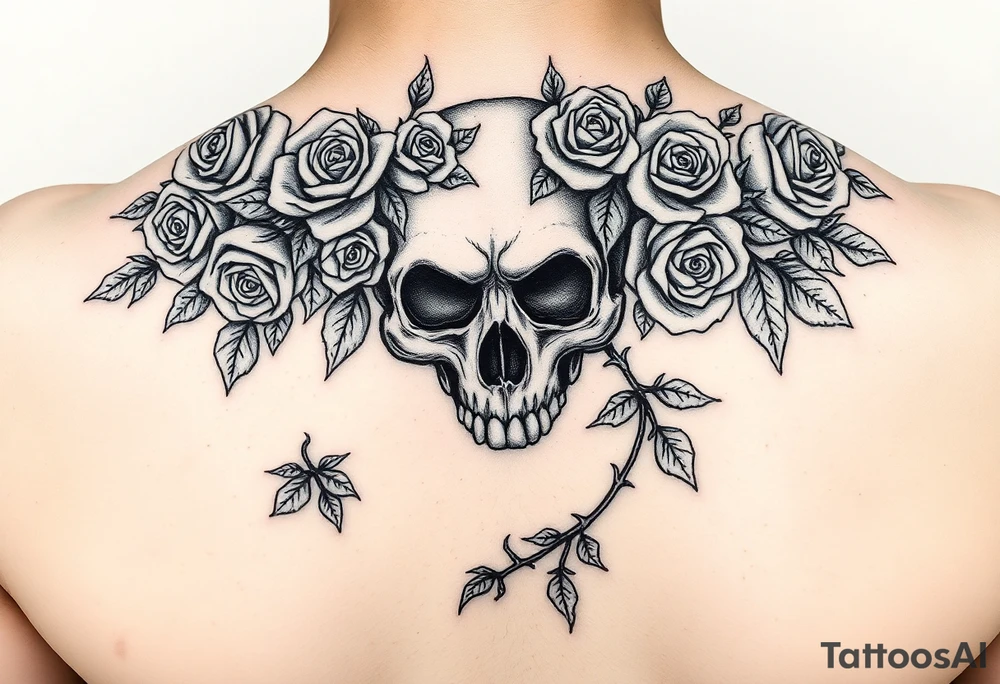 gothic skull intertwined with climbing roses and thorny vines tattoo idea