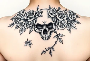 gothic skull intertwined with climbing roses and thorny vines tattoo idea