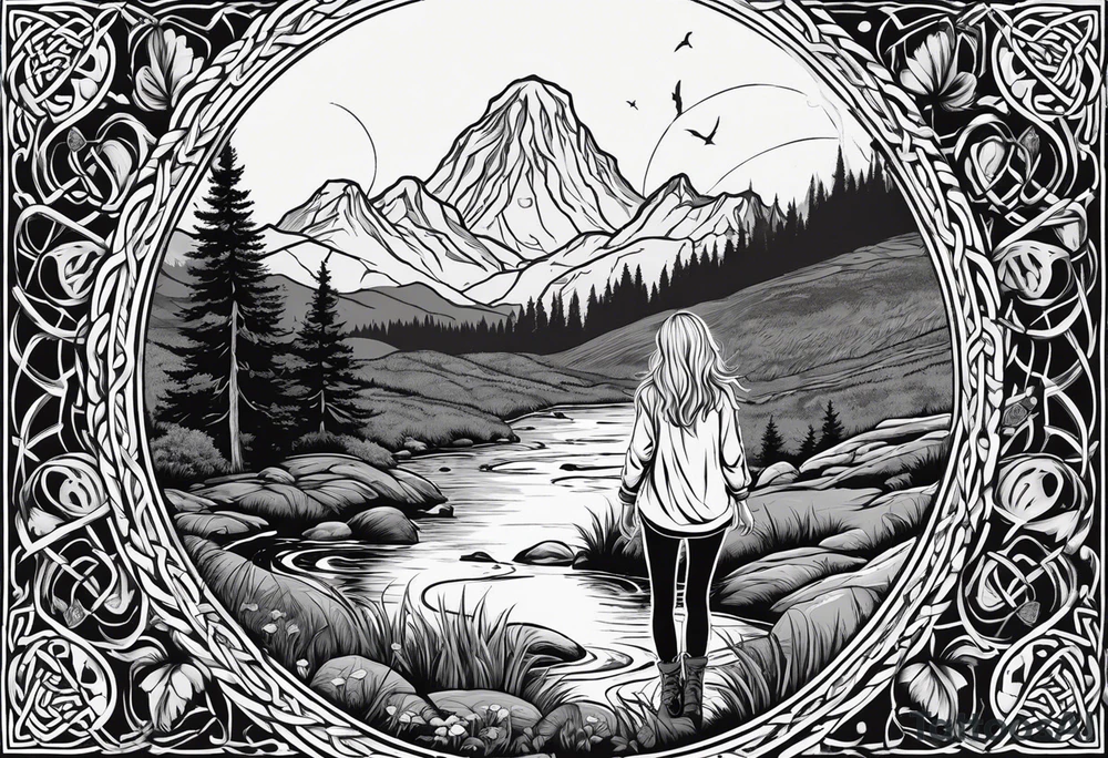 Whole picture encircled fully

Straight long blonde hair celestial girl in distance holding mushrooms in hand facing away toward mountains and creek surrounded by mushrooms long sleeve shirt and hiking pants; whole rendering within a full celtic circle border, no cut off circle tattoo idea