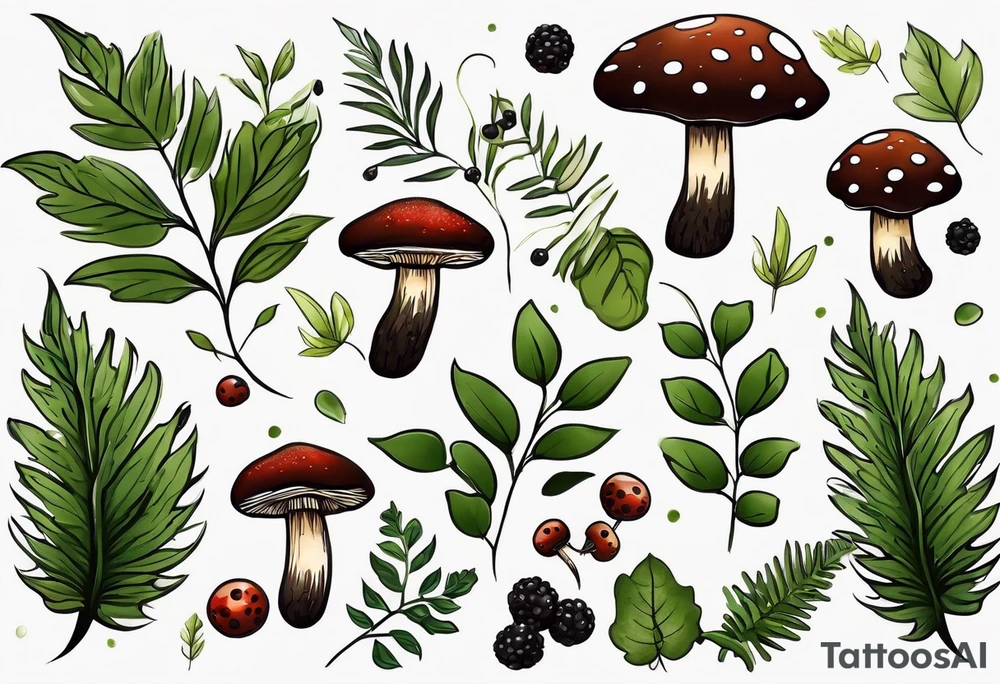 minimalistic forest floor inspired tattoo, which includes grass, moss, curly ferns and dead leaves as the bulk of the tattoo. details to include: forest berries, couple of very small brown mushrooms, a tiny bumblebee flying nearby tattoo idea
