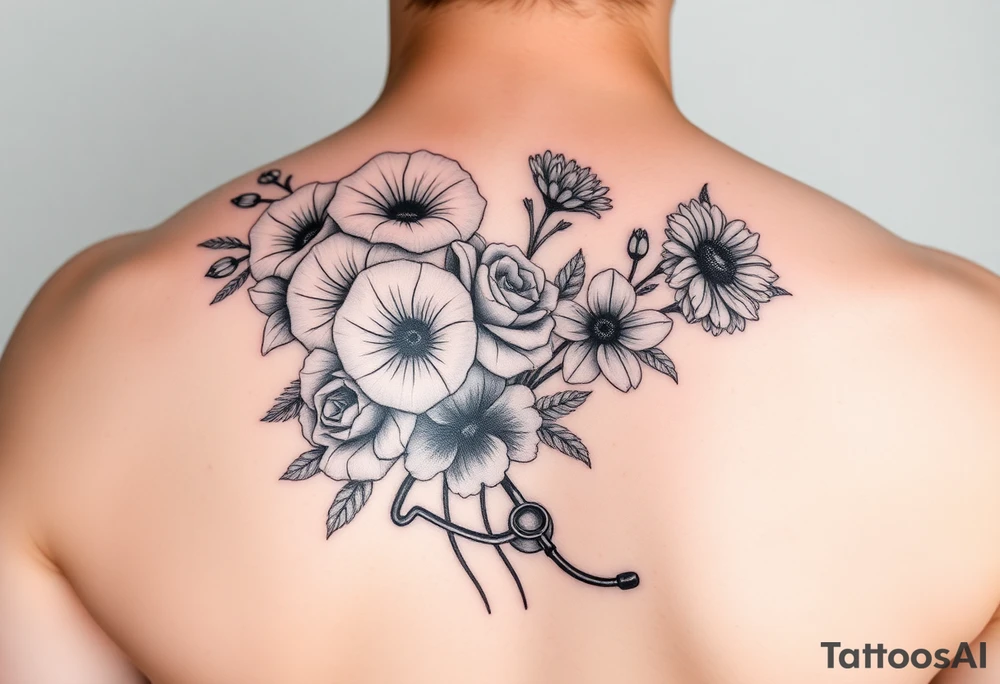 6 inches tall by 4 inches wide approximately, black and white tattoo with a bouquet of hollyhocks, one wild rose, and wild flowers, include a stethoscope along the side with the CNA symbol and the name June Etta tattoo idea