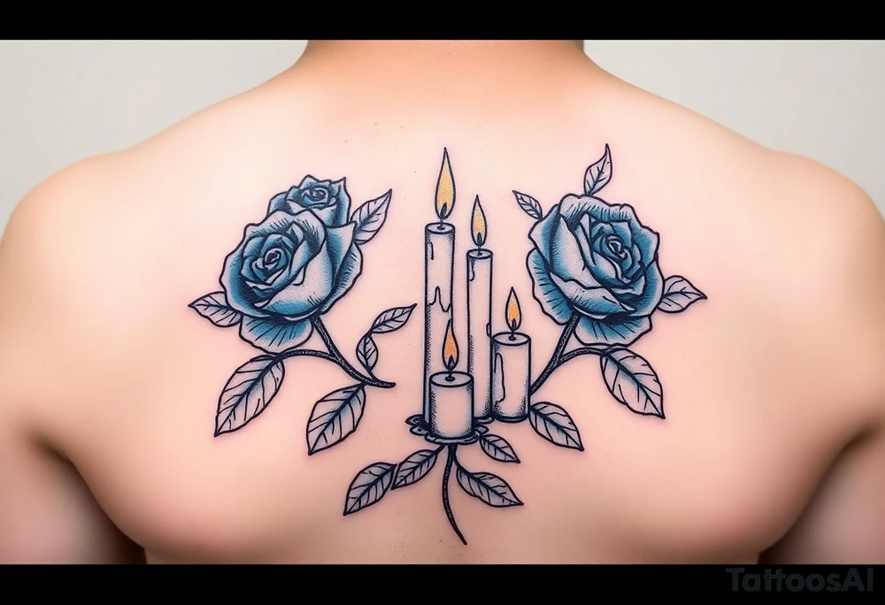 Blue roses and candles, water, fire, cartoon tattoo idea