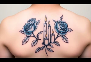 Blue roses and candles, water, fire, cartoon tattoo idea