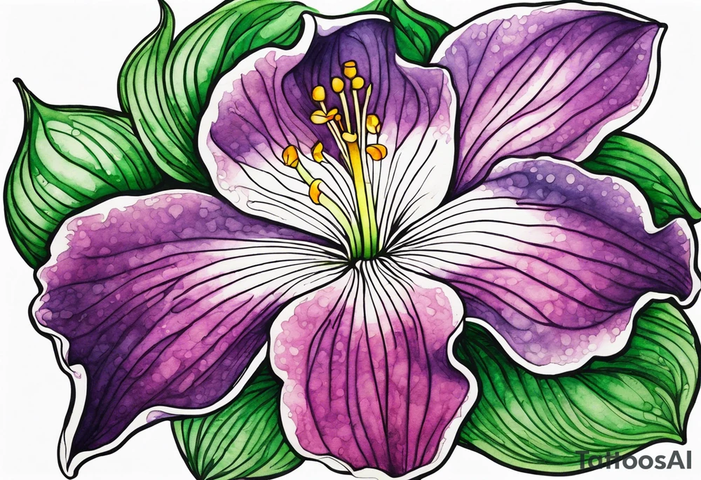 An outline of a rio dipladenia flower with a green and purple watercolor mix in the background tattoo idea