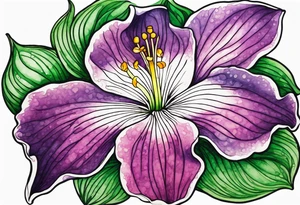 An outline of a rio dipladenia flower with a green and purple watercolor mix in the background tattoo idea