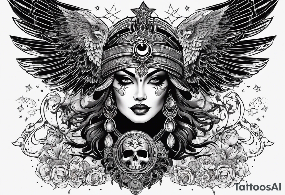 black kali, goddess pirate, alien, angel, pachamama, valkrye, warrior, flying, skull, lotus azul, wing, eagle, zenza resonance, stars, 5D, anahata chakra tattoo idea