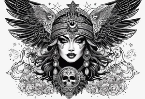 black kali, goddess pirate, alien, angel, pachamama, valkrye, warrior, flying, skull, lotus azul, wing, eagle, zenza resonance, stars, 5D, anahata chakra tattoo idea