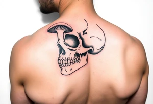 right side of a skull with grown out mushroom out of its eyes tattoo idea