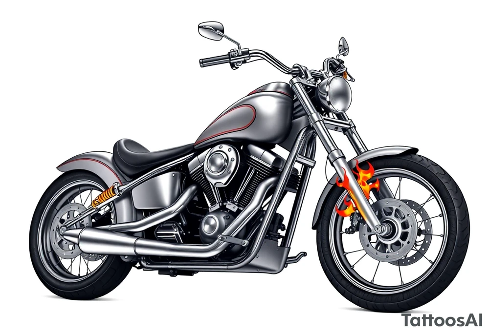 Low rider grey motorcycle, big muffler pipes with flames, angel wings tattoo idea
