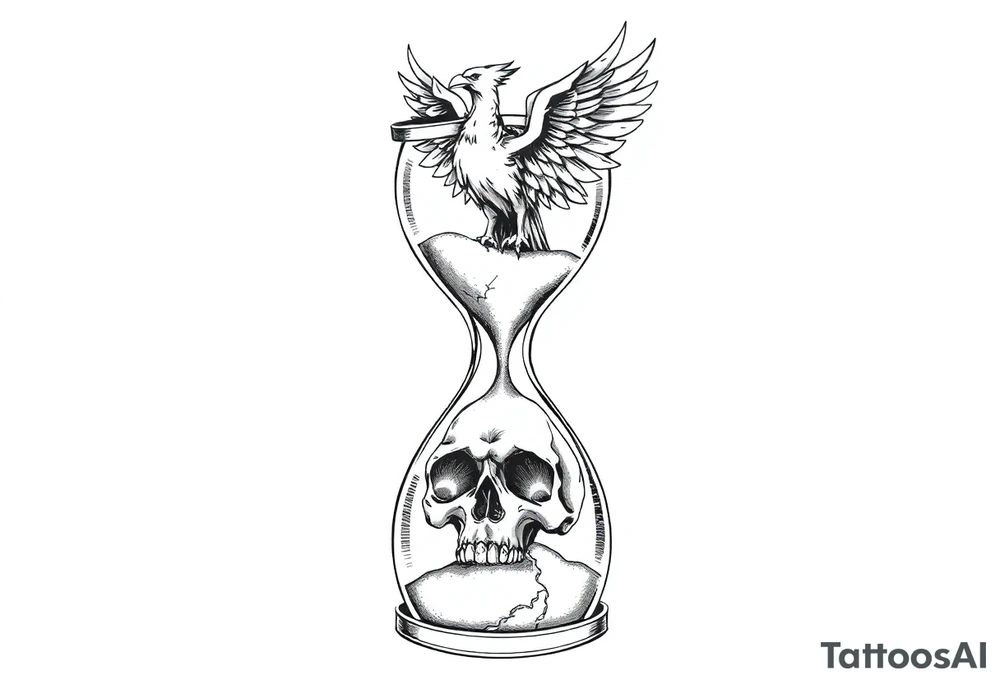 A cracked hourglass with the sands forming a skull below and a phoenix rising from the top. tattoo idea