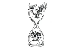 A cracked hourglass with the sands forming a skull below and a phoenix rising from the top. tattoo idea