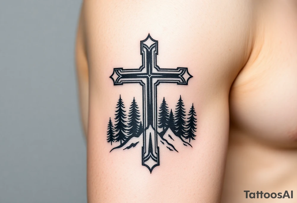 russian orthodox cross with the diagonal line at the bottom with a light forrest with a light mountainous setting tattoo idea