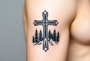 russian orthodox cross with the diagonal line at the bottom with a light forrest with a light mountainous setting tattoo idea