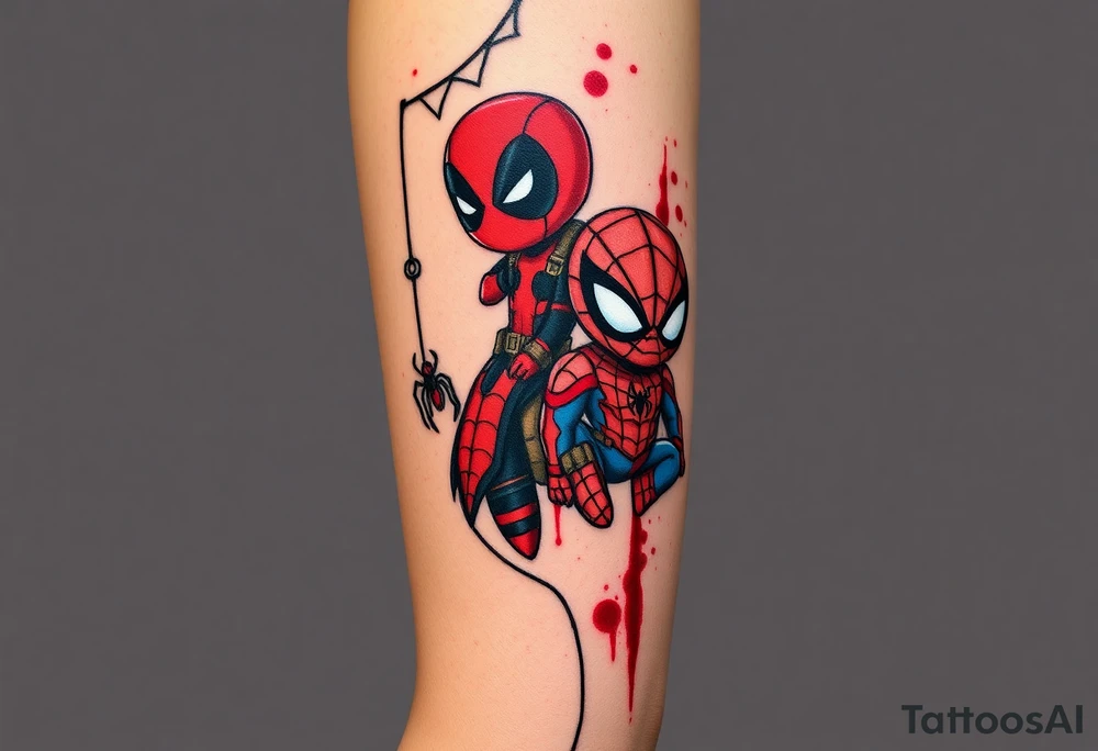 Project: Upper Arm Half-Sleeve Tattoo (Chibi Marvel Duo)
Placement: Upper Arm (Shoulder cap down to just above the elbow)
Reference Images: Chibi Deadpool (Image 1) and Chibi Spider-Man (Image 2)
Design Request & Layout:
* Please stack the characters dynamically to fit my upper arm. I'd like Deadpool positioned near the top/shoulder cap, and Spider-Man sitting near the bottom/above the elbow.
* Use the dangling spider and its web thread, along with loose, energetic construction lines, to transition between the two characters and wrap the design around the arm.
Art & Color Style:
* Linework: Please harmonize both characters into a singular, unified style—blending Deadpool's clean comic ink lines with Spider-Man's raw, cross-hatched sketchbook aesthetic.
* Color: The base of the tattoo should be gritty black-and-grey sketch shading. However, I want vibrant pops of red on their suits.
* The Splatter Effect: Instead of keeping the red cleanly inside the lines, please style the red color as a loose, dynamic watercolor/ink splatter effect that bursts out past their outlines and fades into the negative skin space. tattoo idea