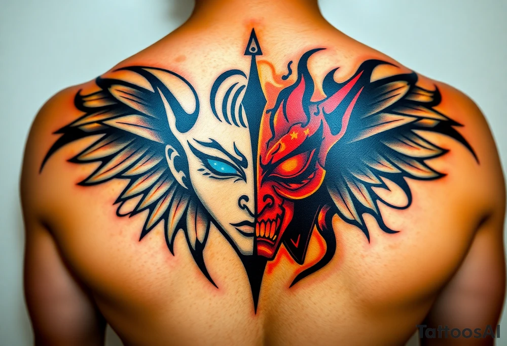 A half angelic face, bathed in golden light with soft blue eyes, contrasted by the other half demonic face, with red, glowing eyes and cracked blackened skin, surrounded by smoky tendrils of darkness. The dividing line is sharply defined with soft light on one side and sharp shadows on the other. tattoo idea