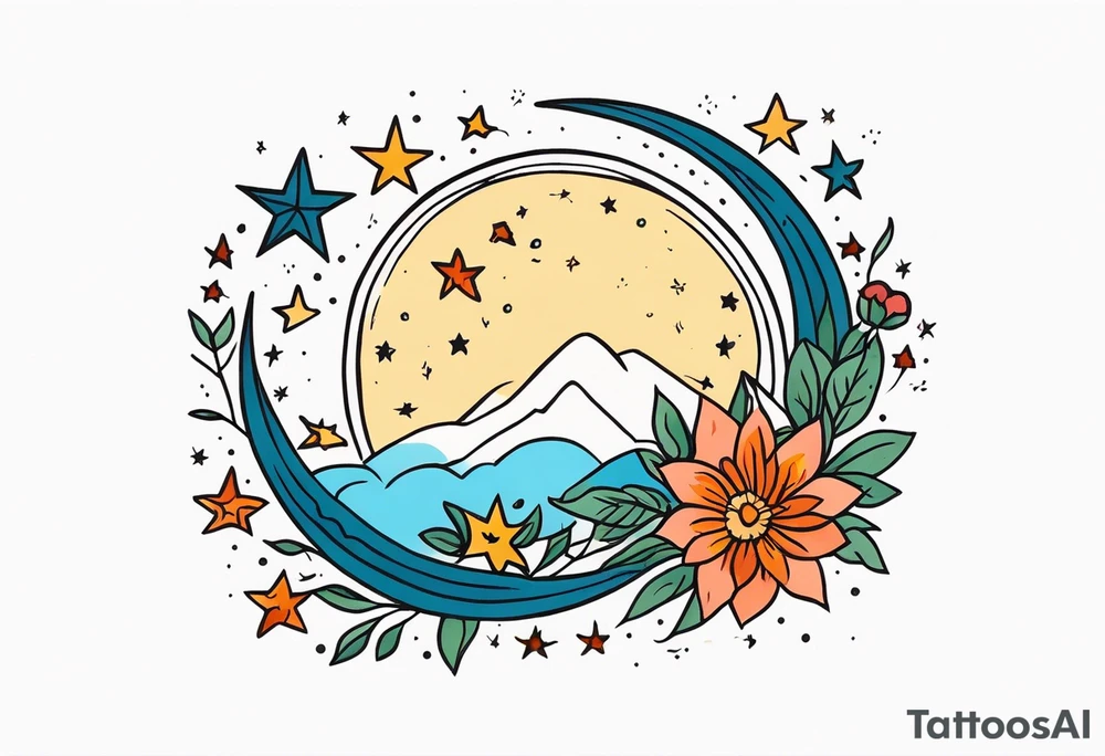 stars and moon

old school vintage simple traditional design with vintage flowers surrounding
bold color simple tattoo idea